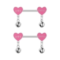 Pink heart-shaped nipple rings with Yes Daddy engraving and small dangling bells - Pink Heart Letter Bell Style (2938) / Steel