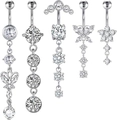 Set van vijf navelpiercings van roestvrij staal met heldere zirkonia-hangers en vlinder - Zilver Wit Zirkonia Hanger Stijl
