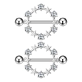 Macro shot of silver heart-shaped nipple rings with sparkling zircon stars and steel barbells - Pentagram Zircon Circular Ring Style (2939) / Steel