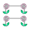 Silberne Brustwarzenringe mit Blumenmotiv aus rosa und weißen Zirkonia und Blättern - Rosa Blume Stil (2857)