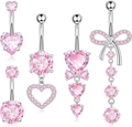 Gedetailleerde set van 4 zilveren navelringen met roze zirkoon, harten en strikjes - Zilver Roze Zirkonia Strik Stijl
