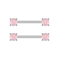 Detailed view of silver surgical steel nipple rings with pink opal four-prong setting - Round Opal Stone Style (2986) / Steel