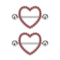 Exquisite heart-shaped nipple rings with red zircon crystals in polished silver setting - Nipple Stud Style / Silver Red Zirconia