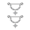 Macro detail of silver nipple rings with heart zircon and celestial star moon charms - Starry Sky Moon Planet Octagonal Star Style (2940) / Steel