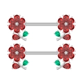 Silberner Brustwarzenring aus Edelstahl mit roter Zirkonblume und grünem Blatt - Rote Blütenblätter Stil (2858)