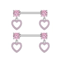 Pair of silver steel barbell nipple rings with pink heart zircon pendants on white background - Heart Pendant Style (2737) / Steel
