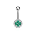 Silberner Bauchnabelpiercing mit grünem Kleeblatt-Anhänger und weißen Zirkonia-Steinen - Grünes Herz Vierblättriges Kleeblatt Stil (2887)