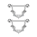 Detail view of heart zircon nipple rings with silver roses and leaf accents - Heart Main Zircon Rose Leaf Style (2941) / Steel