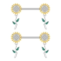 Detailansicht von Sonnenblumen-Brustpiercings mit grünen Emaille-Blättern und Zirkonia - Sonnenblume Stil (2859)