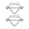 Macro shot of silver heart nipple rings with bowknot detail and sparkling zircons - Heart Bow Full Diamond Style (2942) / Steel