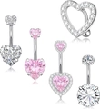 Detailed set of five stainless steel belly rings with sparkling heart and round zirconia - Silver Pink Zirconia Heart Style