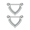 Pair of silver stainless steel nipple rings with V-shape sparkling zircon dangle drops - Pave V-Shape Hanging Style(3036) / Silver