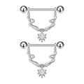 Detail of silver nipple rings with heart-shaped zircon pendants and polished steel finish - Curved Wave Heart Zircon Pendant Style (2943) / Steel