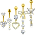 Detailed view of 5-piece gold navel ring set with sparkling cubic zirconia designs - Gold Zirconia Floral Style