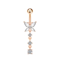 Piercing de ombligo en oro rosa con mariposa de circón y tres piedras colgantes - Rosa oro
