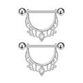 Detail view of heart-shaped nipple shields with teardrop zircon and scrollwork design - Hollow Wing Waterdrop Zircon Style (2944) / Steel