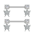 Detail of stainless steel butterfly nipple rings with cubic zirconia and micro-pave stones - Butterfly (3023) / Silver