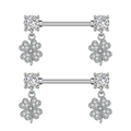 Detailed close-up of stainless steel nipple rings with zircon clover charms - White Zircon Clover (3024) / Silver