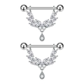 Macro shot of silver zircon nipple rings with leaf design and teardrop crystal pendant - Symmetrical Leaf Water Drop Pendant Style(3038) / Silver