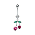 Detail of a cherry belly button ring with heart-shaped red gems and green leaf accents - Cherry Style (3082 Steel Color)