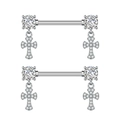 Macro detail of stainless steel nipple rings with zircon studs and dangling crosses - Cross (3025) / Silver