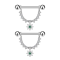 Detail of silver nipple rings with green zircon sunflower charms and clear stone chains - Sunflower Green Main Stone Style(3037) / Silver