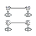 Detailed macro view of silver steel nipple rings with dangling zircon evil eye charms - Evil Eye (3026) / Silver