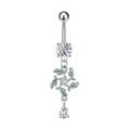 Macro detail of silver navel ring with crystal flower and pear-shaped zircon pendant - Flower Petal Tassel (3083 Steel Color)