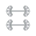 Macro detail of silver stainless steel nipple rings with pear-cut zircon fan accents - Scallop Style (3240)