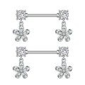 Floral stainless steel nipple barbell pair with sparkling zircon flower pendants - Flower (3027) / Silver