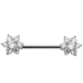 Polished stainless steel nipple ring with sparkling zircon flowers on a white background - Flower Style (1921 Silver Tone)