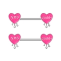 Pink heart nipple barbells with yes daddy script and dangling drip design in silver steel - Enamel Heart Style (3241)