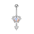 Detailed view of silver navel ring with opal bead and heart-shaped cubic zirconia pendant - Hollow Heart Opal Zircon (3206) / Steel