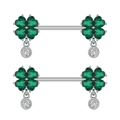 Detail of clover nipple rings with green heart stones and white dangling zircons - Green Zircon Clover (3029) / Silver