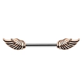 Detail of rose gold wing nipple barbell featuring intricate feather textures on steel - Wing Style (1920 Rose Gold)