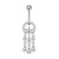 Dettaglio del piercing all'ombelico argento con fiore in zirconia e nappe a goccia - Nappina a Corona (3085 Color Acciaio)
