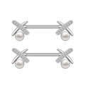 Silver stainless steel nipple rings with X-shape zircon paving and round white pearls - X-Shape Pearl Style (3245)