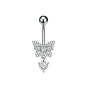 Macro detail of butterfly belly ring with sparkling heart-shaped zircon crystal pendant - Butterfly Style (3304) / Silver
