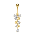 Detail view of golden flower belly ring with zircon petals and hanging teardrop charms - Floral Tassel Model (3226) / Gold