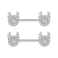Detail of reindeer nipple rings with pavé cubic zirconia on silver stainless steel - Antlers Style (3248)
