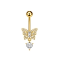 Detail of golden navel ring featuring a micro-pave butterfly and heart-shaped zircon drop - Butterfly Style (3304) / Gold