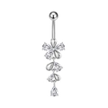 Macro shot of silver stainless steel belly ring with butterfly zircon pendants on white back - Butterfly Tassel Model (3226) / Silver