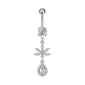 Dettaglio del piercing all'ombelico in acciaio con pendente in zirconia a goccia - Fiore a Goccia d'Acqua (3087 Color Acciaio)
