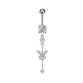 Detailed macro shot of silver heart butterfly navel ring with zircon pendant inlays - Butterfly Style (3295) / 3295 Silver Color