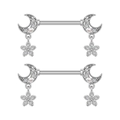 Macro detail of stainless steel nipple rings with moon and flower cubic zirconia dangles - Moon Flower Style (3249)