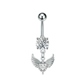Detailed close-up of heart-shaped zircon belly ring with angel wings and silver curved bar - Angel Wing Heart (3305) / Silver