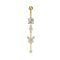 Macro detail of golden butterfly belly ring with sparkling zircon stones on white background - Butterfly Style (3295) / 3295 Gold Color