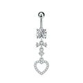 Detailed view of silver butterfly belly button ring with zircon and heart pendant - Bow Heart Pendant (3287) / Steel