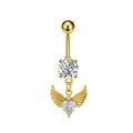 Detail of gold navel ring featuring round zircon and heart pendant with angel wings - Angel Wing Heart (3305) / Gold