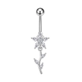 Detailed view of polished navel ring with five-petal marquise zircon flower and vine pendant - Flower Vine Model (3227) / Silver